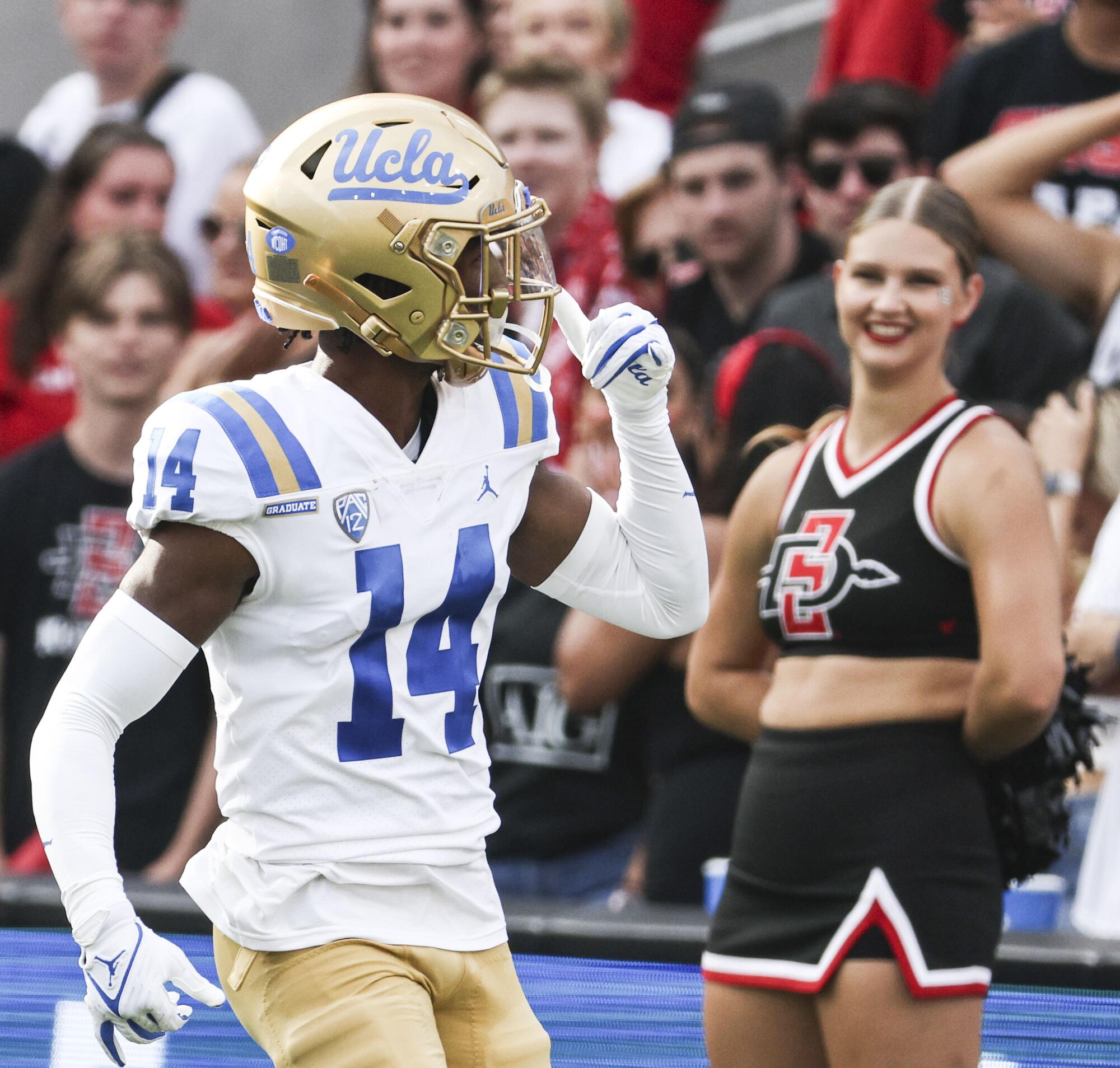 UCLA wide receiver Josiah Norwood gestures after scoring a touchdown against San Diego State last week.