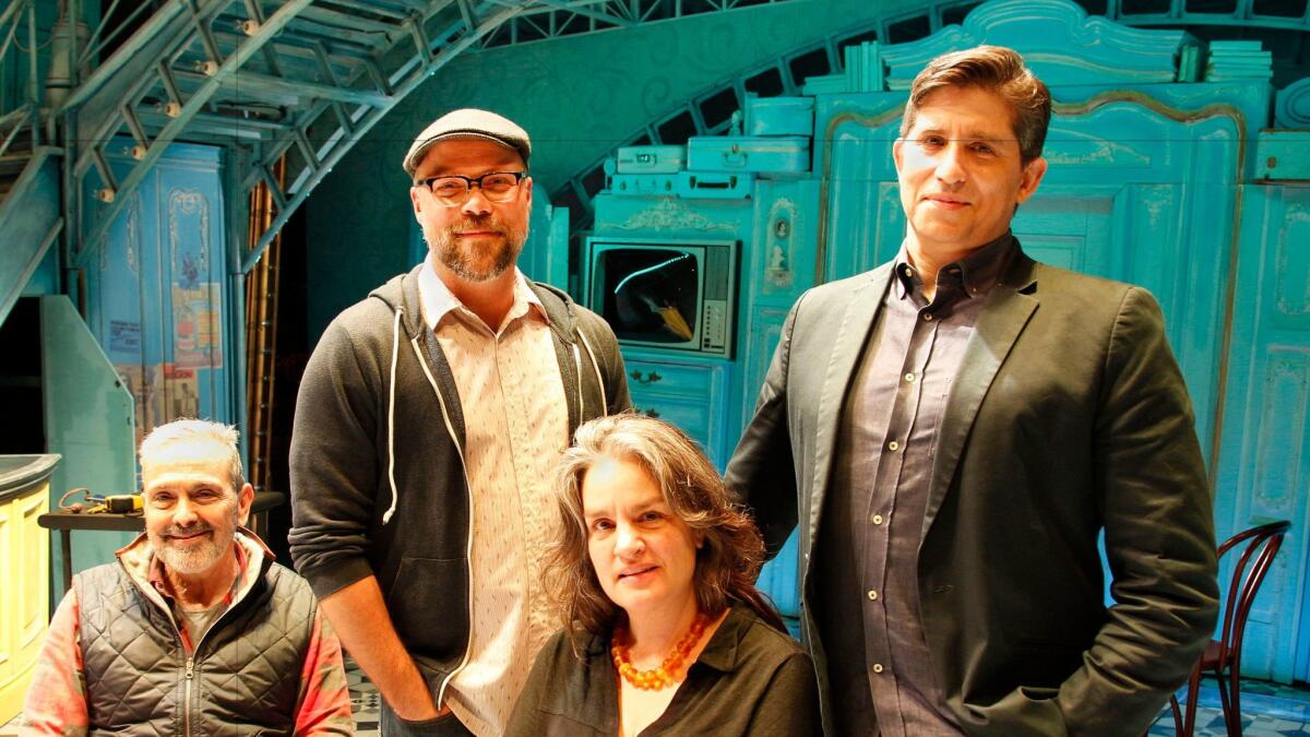 The "Amélie" creative team is, standing, from left, co-lyricist Nathan Tysen and lyricist-composer Daniel Messé and, in front, script author Craig Lucas and director Pam MacKinnon.