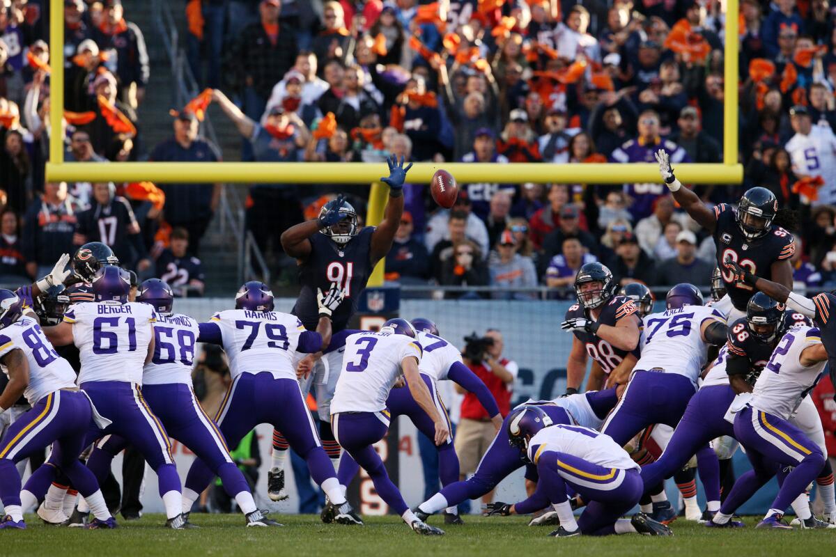 Minnesota's Blair Walsh kicks a game-winning field goal against Chicago on Nov. 1.