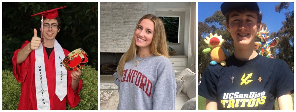 La Jolla High students Maxwell Coy, Paige Olson and Brandon Roberts (from left) earned the top spots in their senior class.