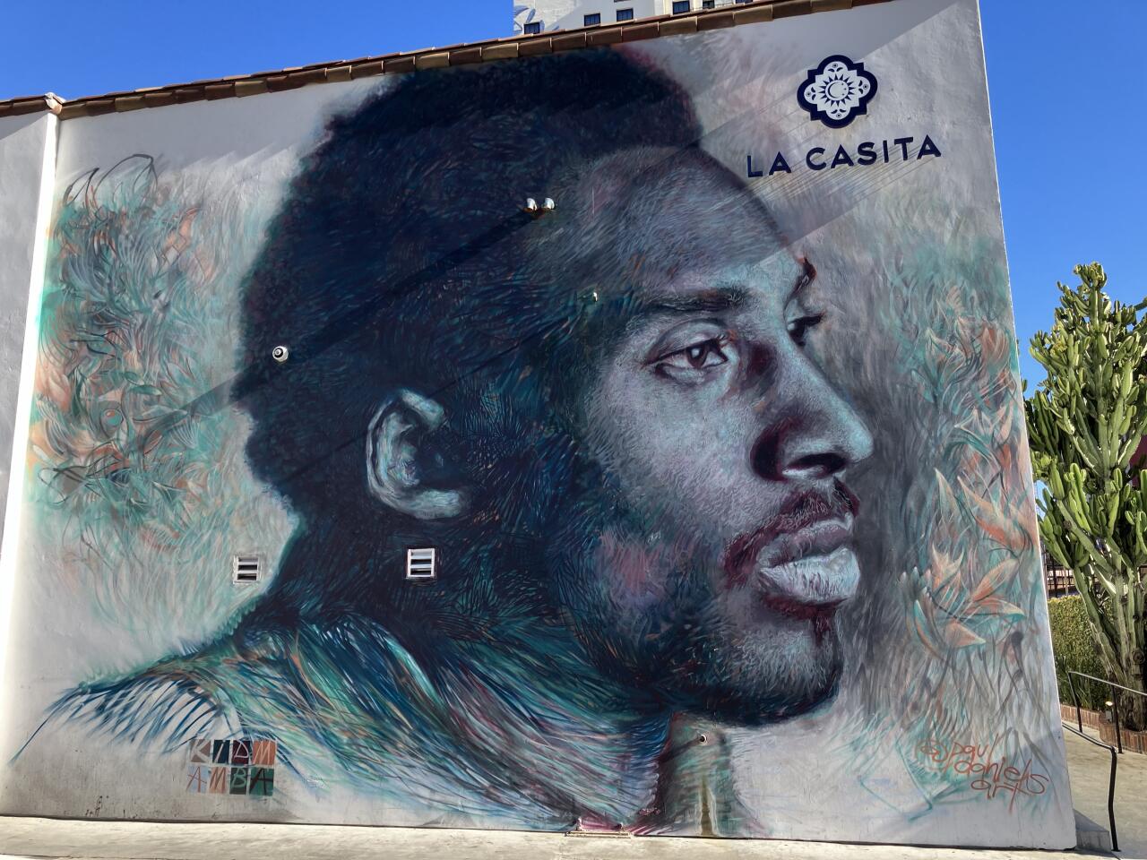 A mural honors Kobe Bryant on the La Casita building in downtown Los Angeles.