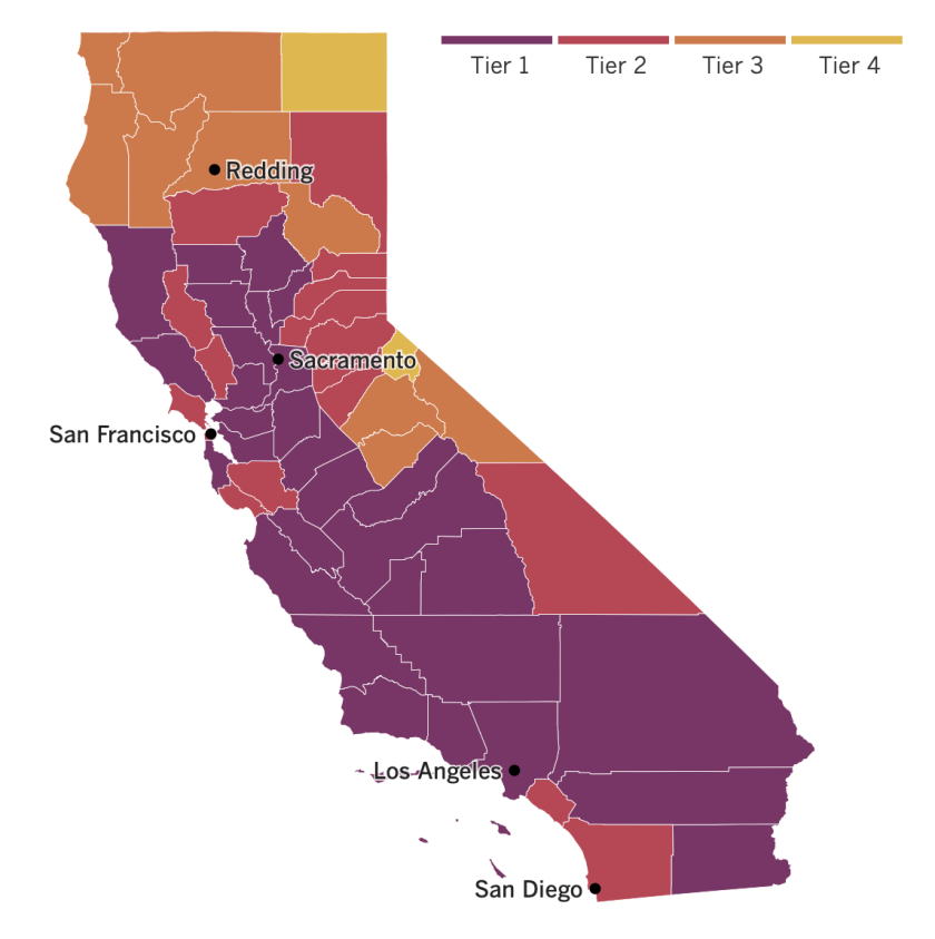 A map showing the tier to which each California county is assigned based on the status of its coronavirus outbreak.