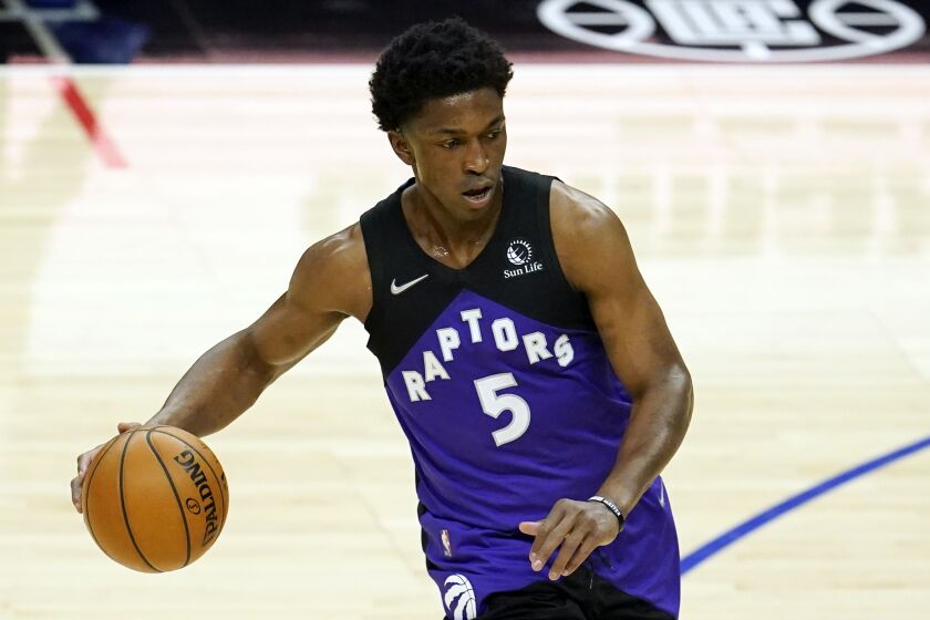 Toronto Raptors forward Stanley Johnson (5) during an NBA basketball game against the Los Angeles Clippers Tuesday, May 4, 2021 in Los Angeles. (AP Photo/Marcio Jose Sanchez)