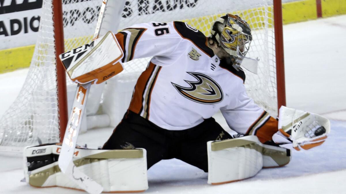 Ducks goaltender John Gibson (36) makes a save during the third period against the Florida Panthers.