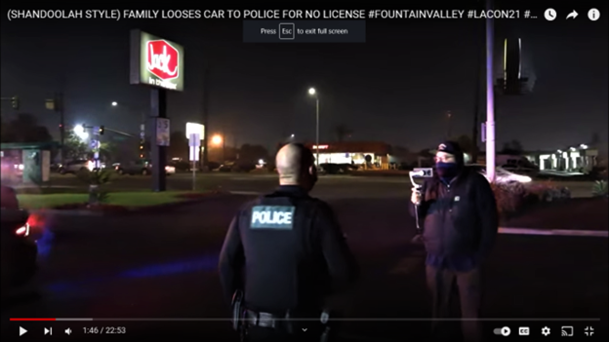 A Fountain Valley officer at a crime scene is filmed by two 1st Amendment auditors in a 2017 video posted on YouTube.