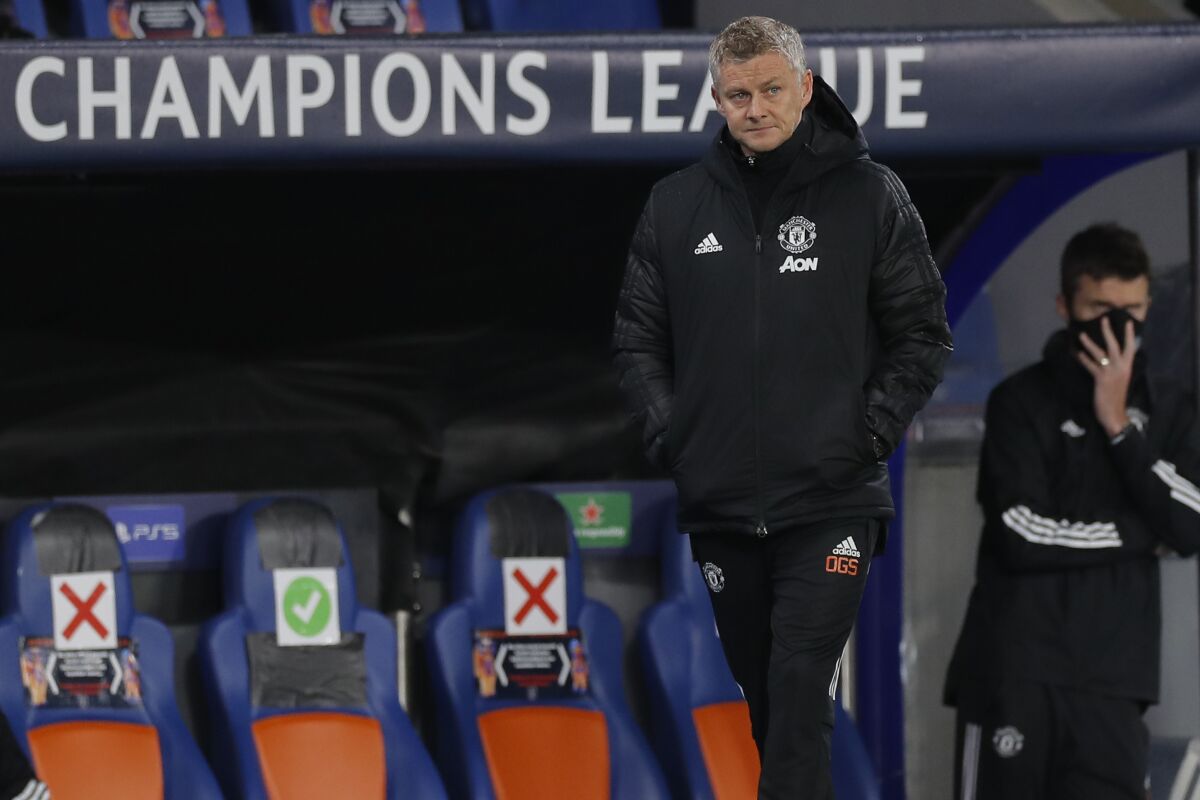 Manchester United's manager Ole Gunnar Solskjaer gestures during the Champions League group H soccer match between Istanbul Basaksehir and Manchester United at the Fatih Terim stadium in Istanbul, Wednesday, Nov. 4, 2020. (AP Photo)
