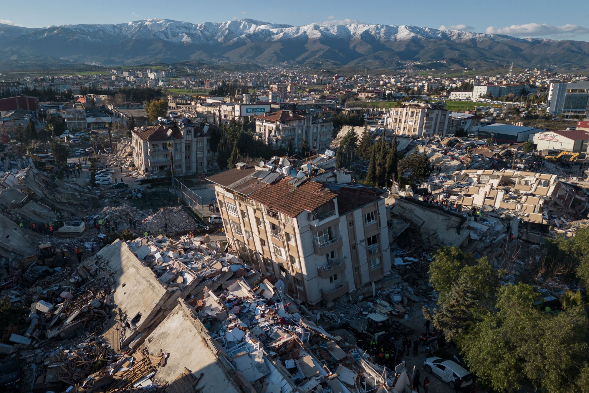General view of buildings destroyed in the recent earthquake in Antakya, Turkey