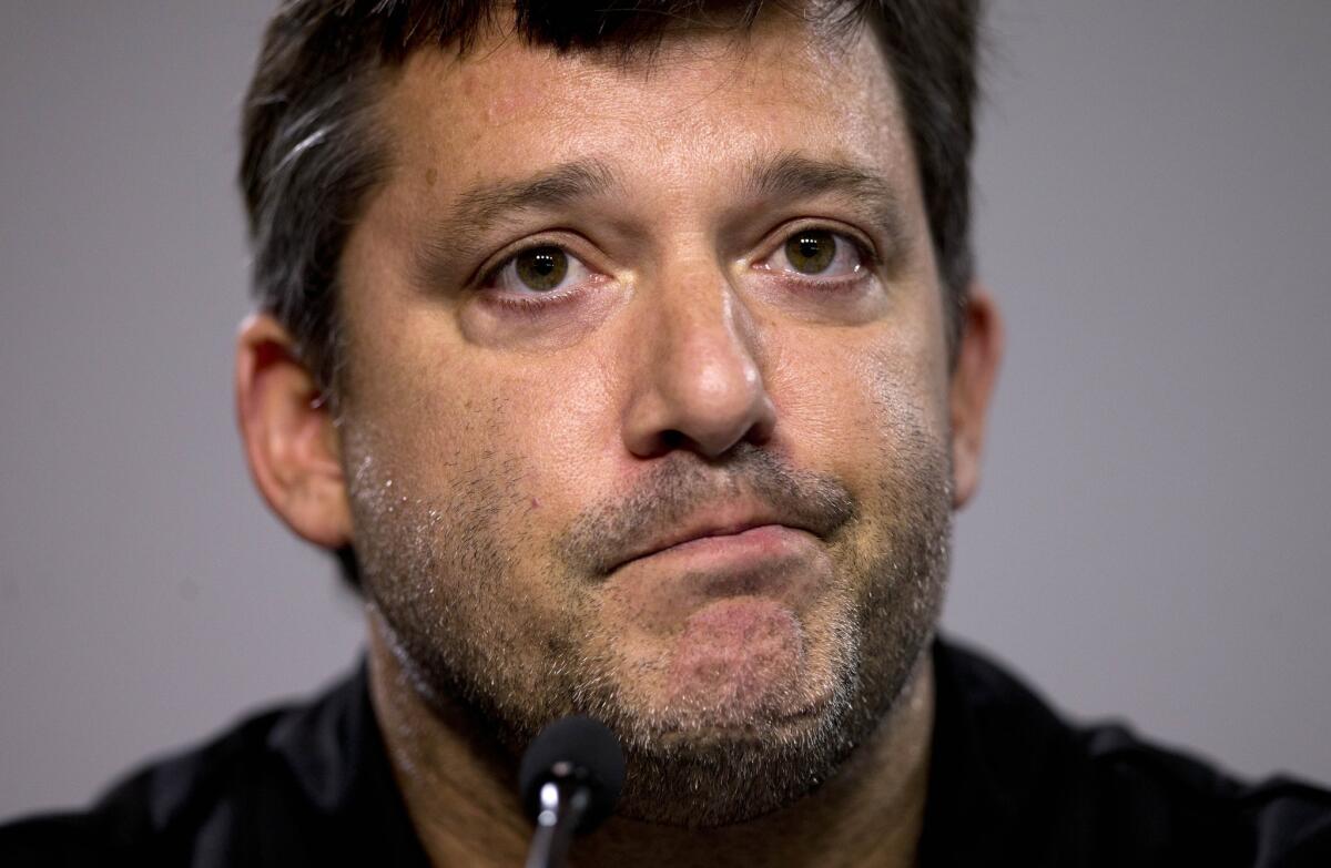 Tony Stewart, voice cracking, says the fatal incident is 'one of the toughest tragedies' in a statement Friday.