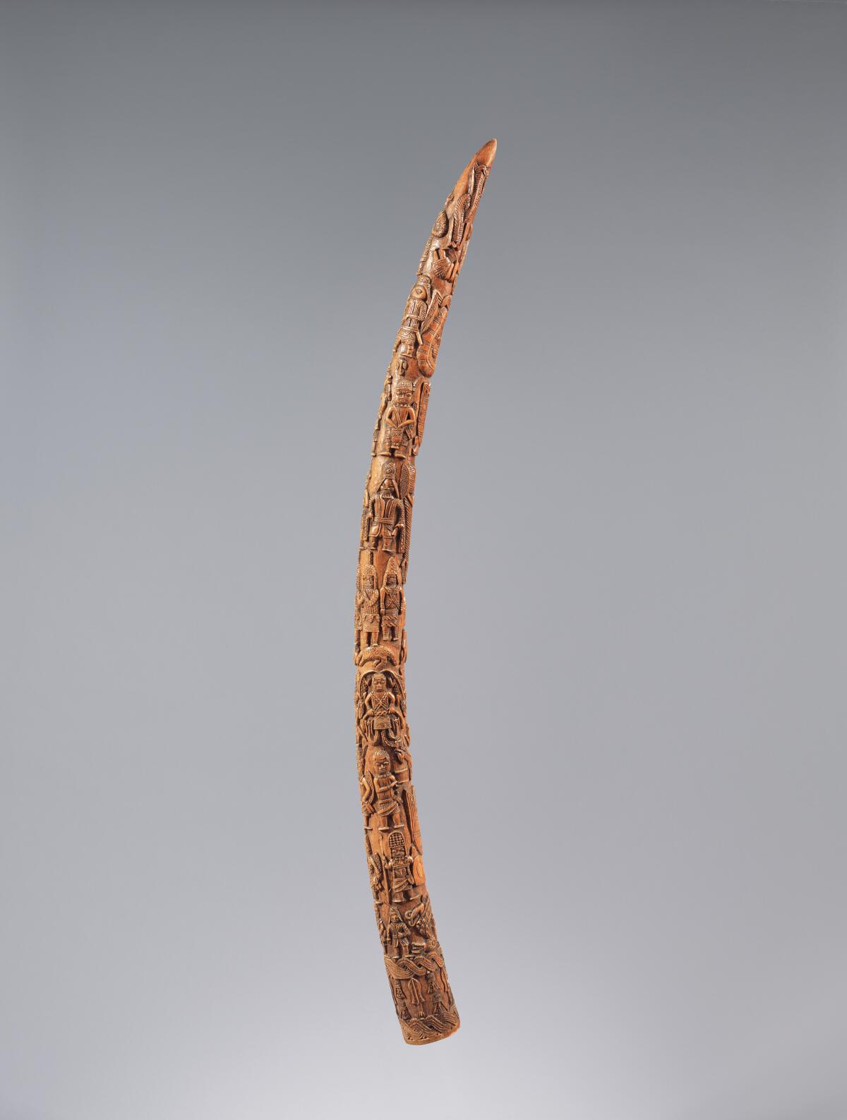 A tusk with carvings all along its length