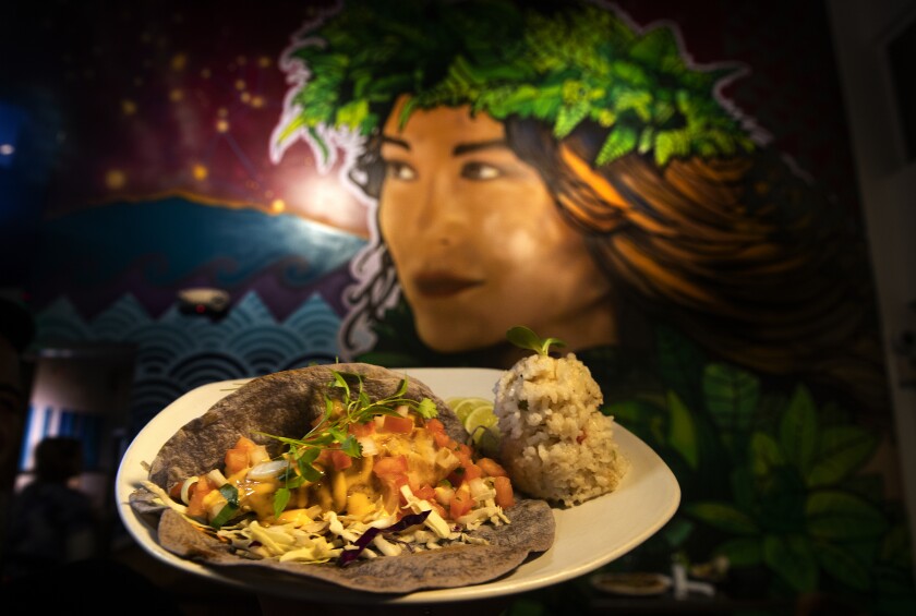 Grilled local fish tacos with a side of coconut rice, are on the menu at Hula Hula’s restaurant at the Grand Naniloa Resort in Hilo, Hawaii.