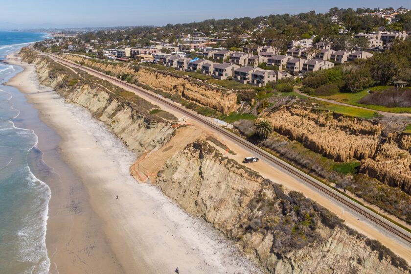 DEL MAR, CA - MARCH 19: A bluff collapse on February 28th has some people calling for the relocation of the stretch of train tracks along the coast on Friday, March 19, 2021 in Del Mar, CA. (Jarrod Valliere / The San Diego Union-Tribune)