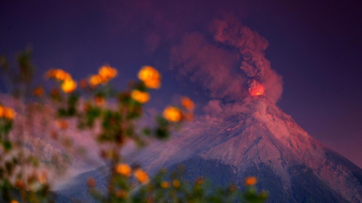 The volcanic eruption at sunrise on Nov. 19, 2018, seen from El Rodeo, Guatemala.