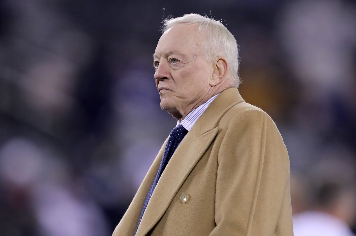 Dallas Cowboys owner Jerry Jones walks on the field before the game against the New York Giants on Nov. 4 in East Rutherford, N.J.