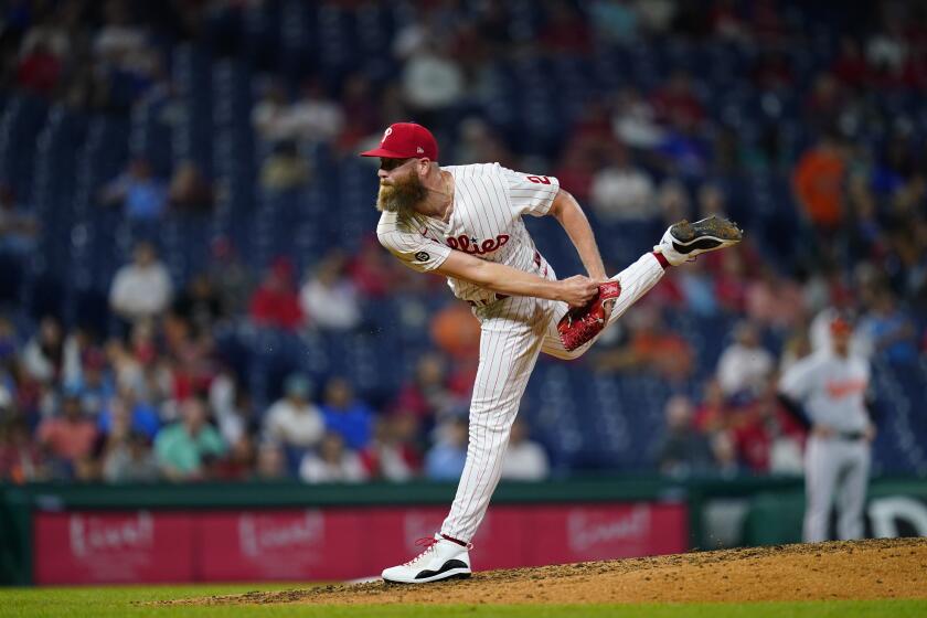 Philadelphia Phillies' Archie Bradley plays during an interleague baseball game against the Baltimore Orioles, Tuesday, Sept. 21, 2021, in Philadelphia. (AP Photo/Matt Slocum)