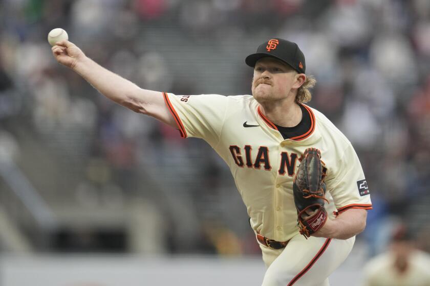 San Francisco Giants pitcher Logan Webb works against the Los Angeles Dodgers during the first inning of a baseball game in San Francisco, Wednesday, May 15, 2024. (AP Photo/Jeff Chiu)