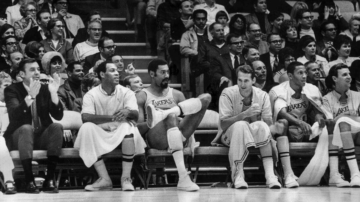 Dec. 20, 1968: Los Angeles Lakers from left: coach Bill Van Breda Kolf, Elgin Baylor, Wilt Chamberlain, Jerry West, Bill Hewitt, and Keith Erickson.