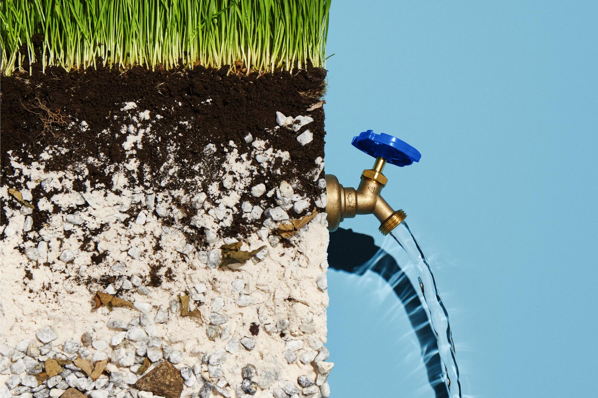 Photo illustration of a hose faucet on a blue background pouring water on the right, with dirt, grass and rocks on the left.