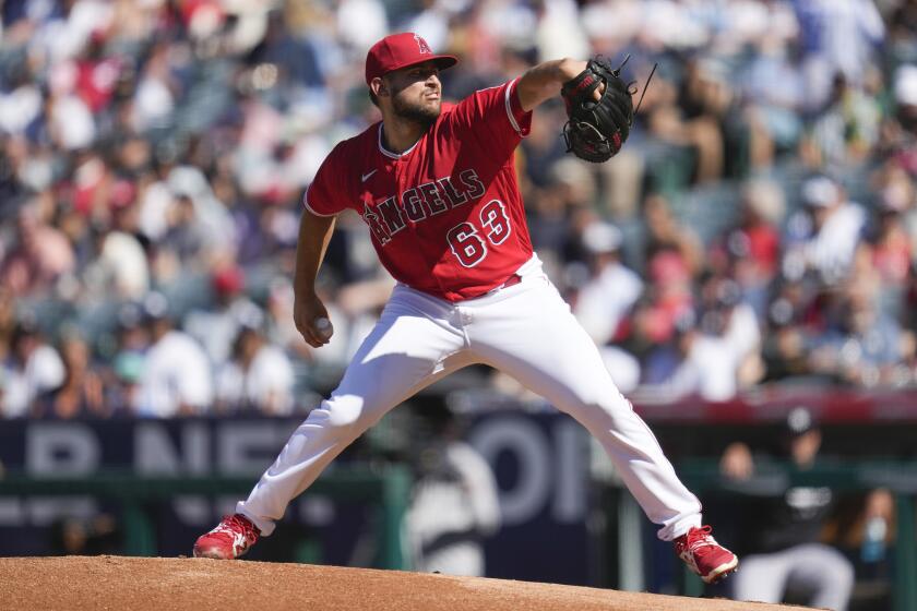 Los Angeles Angels starting pitcher Chase Silseth (63) throws during the first inning of a baseball game against the New York Yankees in Anaheim, Calif., Wednesday, July 19, 2023. (AP Photo/Ashley Landis)