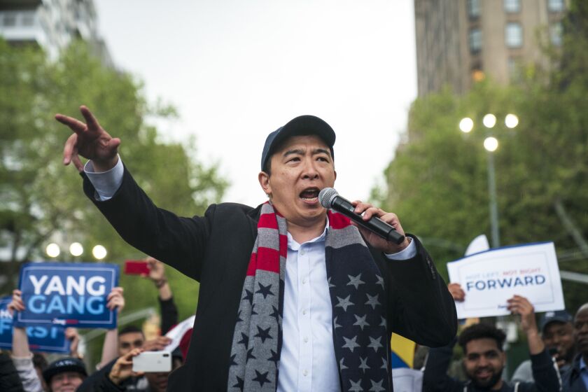NEW YORK, NY - MAY 14: Democratic presidential candidate Andrew Yang speaks during a rally in Washington Square Park, May 14, 2019 in New York City. One of Yangs major campaign promises is a universal basic income of $1,000 every month for every American 18 years and older. (Photo by Drew Angerer/Getty Images) ** OUTS - ELSENT, FPG, CM - OUTS * NM, PH, VA if sourced by CT, LA or MoD **