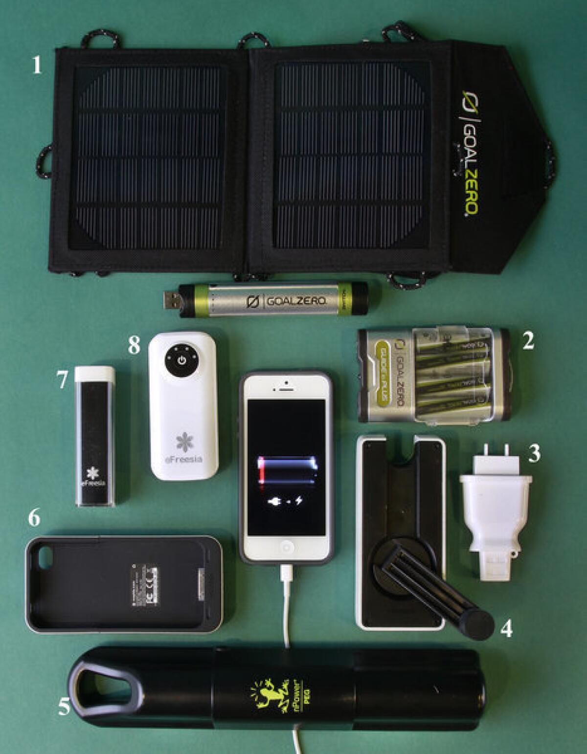 For on-the-go cellphone recharging: 1. Panels for Goal Zero's Switch 8 Solar Recharging Kit, with its cylindrical battery pack directly below. 2. The AAA battery pack for Goal Zero's more powerful Guide 10 Plus Adventure Kit, which comes with slightly larger solar panels (not shown). 3. Molla Space's Plug. 4. Eton's BoostTurbine2000. 5. The nPower Peg. 6. Mophie Juice Pack Air. 7. The eFreesia Mini. 8. The eFreesia Bar.