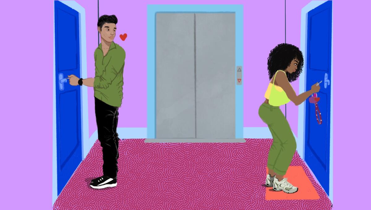 An animated illustration of a man looking over his shoulder at a women unlocking her door. He has hearts over his head.