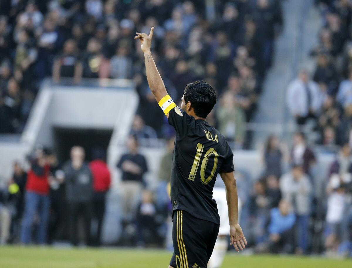 Los Angeles FC forward Carlos Vela (10) of Mexico, celebrates his goal during an MLS soccer match between Los Angeles FC and Portland Timbers in Los Angeles, Sunday, March 10, 2019. The Los Angeles FC won 4-1.