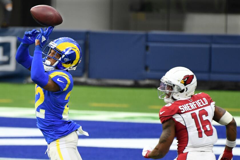 INGLEWOOD, CALIFORNIA JANUARY 3, 2021-Rams cornerback Troy Hill tips the ball to himself for an interception.