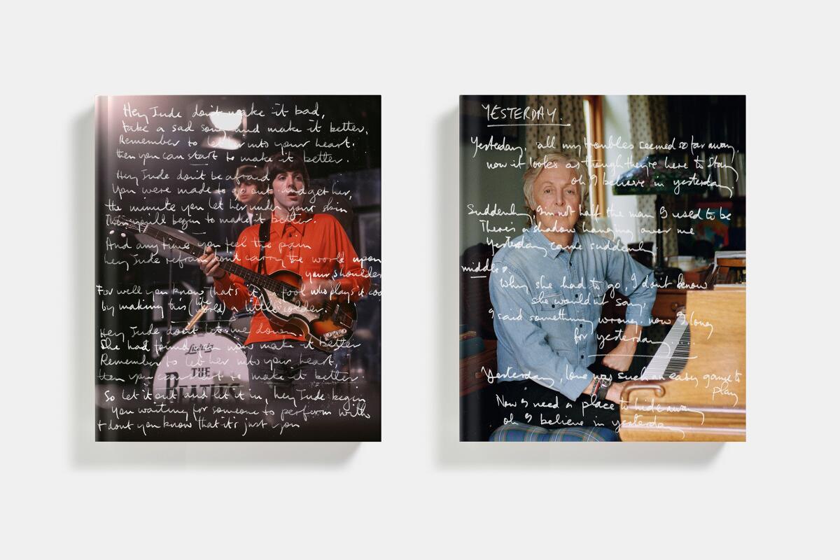 Book covers of the two volumes of "The Lyrics: 1956 to the Present" show words over photos of young and old Paul McCartney.