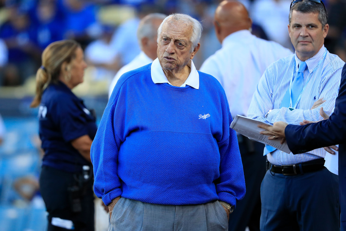 Former Dodgers manager Tom Lasorda looks on before Game 1 of the 2018 National League Division Series.