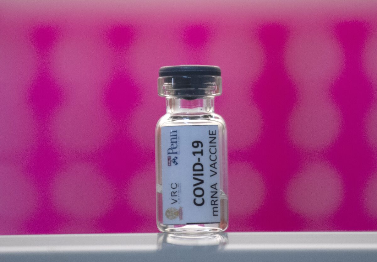 A vial of a COVID-19 vaccine candidate on a shelf at the Chula Vaccine Research Center in Bangkok, Thailand
