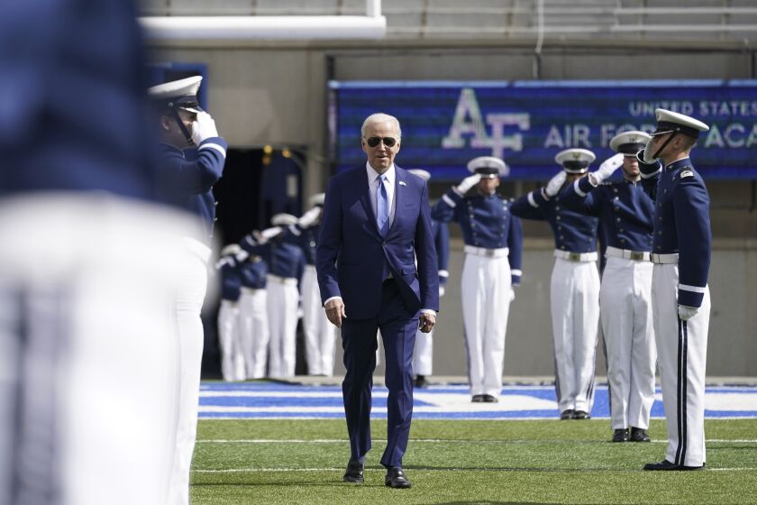 President Joe Biden arrives to the 2023 United States Air Force Academy Graduation Ceremony at Falcon Stadium, Thursday, June 1, 2023, at the United States Air Force Academy in Colorado Springs, Colo. (AP Photo/Andrew Harnik)