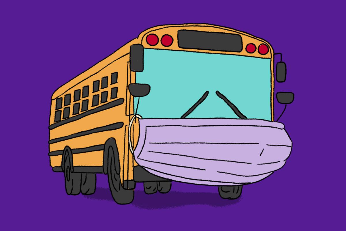 An illustration of a bus wearing a mask. 