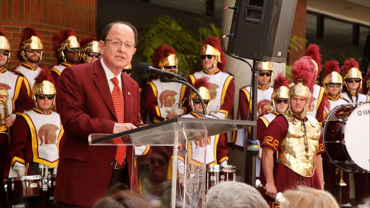 USC President Max Nikias addressing students on May 6.