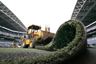 A worker pulls loose old artificial turf from the field at the Seattle Seahawks' football stadium Thursday afternoon, Feb. 28, 2008, in Seattle. The six-year-old FieldTurf synthetic playing surface had faded and become compacted and is being replaced by a new version of the same product, which will be placed atop a 1-inch poured rubber layer, on top of the existing base. The Seahawks began playing in the 67,000-seat stadium in 2002. (AP Photo/Elaine Thompson)