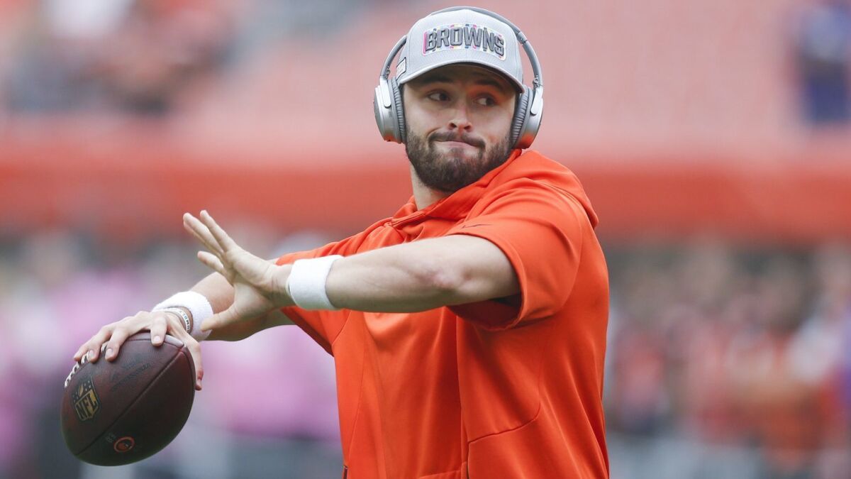Cleveland quarterback Baker Mayfield warms up before a game against Baltimore on Oct. 7.