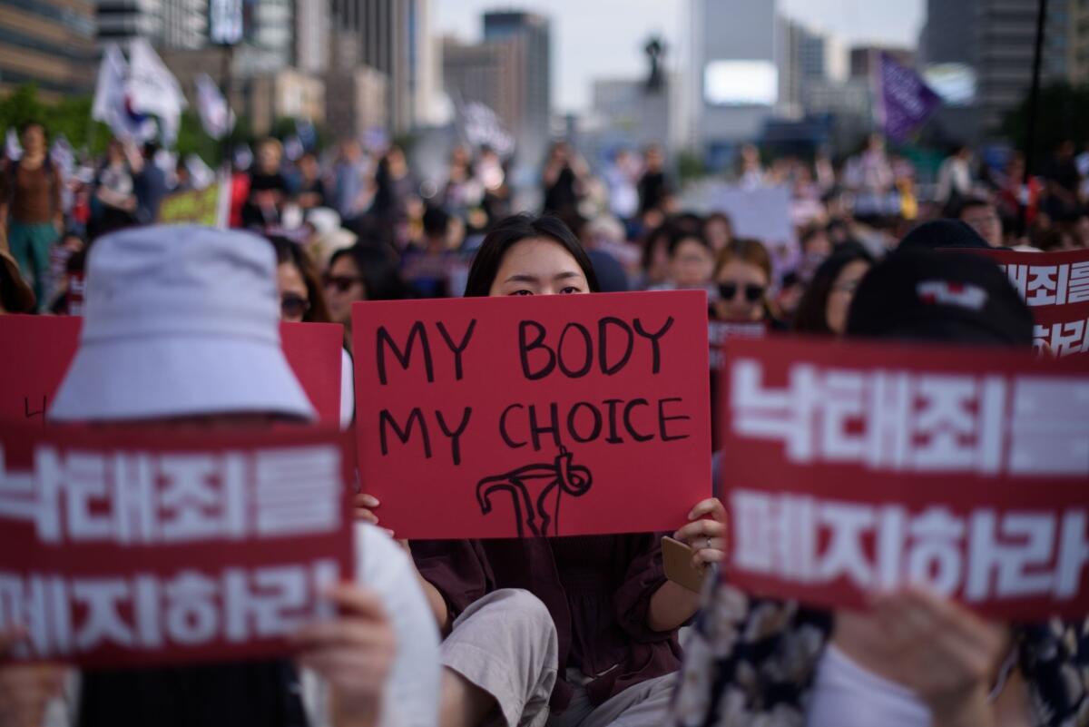 Demonstrators in Seoul protest South Korea's abortion laws in July 2018.