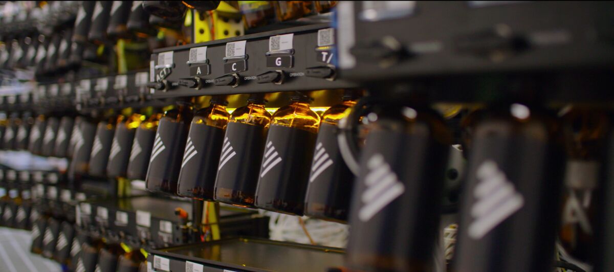 Bottles of nucleic acids at Synthego, a company which synthesizes the key components of CRISPR at an industrial scale, in the documentary 'Human Nature'
