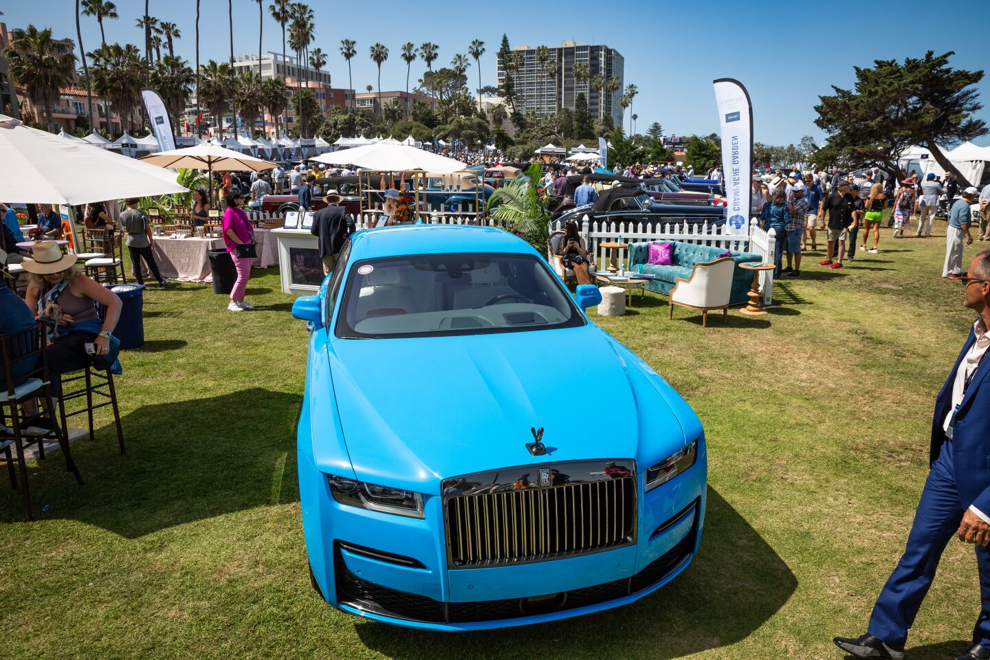 A baby blue Rolls-Royce gleams in the La Jolla sun.