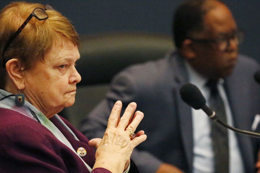 LOS ANGELES, CA - JUNE 25, 2019 - Los Angeles County Supervisors Sheila Kuehl and Mark Ridley-Thomas listen during a presentation Tuesday June 25, 2019 at the Board of Supervisors on the Probation Department plan for phasing out pepper spray in juvenile detention facilities. The report is a response to a motion earlier this year that called for the sprays elimination by the end of 2019. (Al Seib / Los Angeles Times)