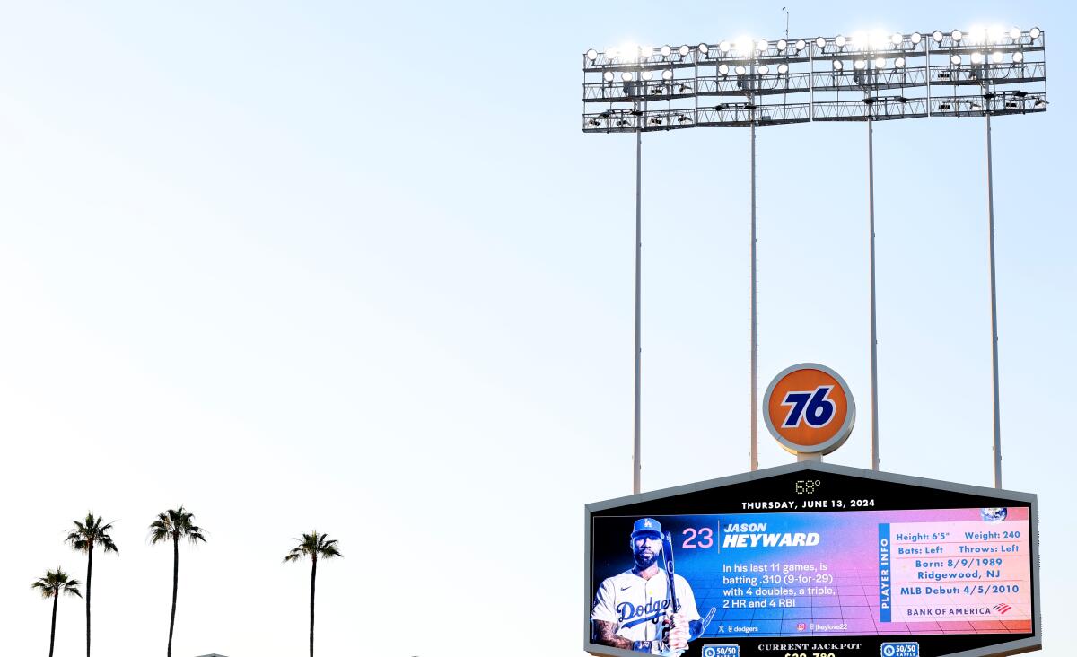 A 76 gasoline advertisement sits atop the left field scoreboard at Dodger Stadium