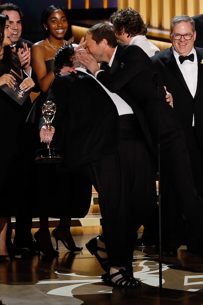 Matty Matheson and Ebon Moss-Bachrach shared a kiss after their show, "The Bear," won the award for comedy series.