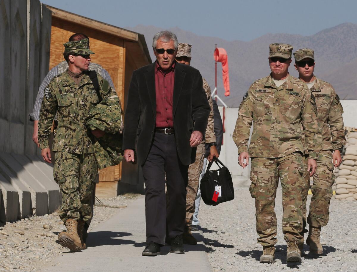 U.S. Secretary of Defense Chuck Hagel arrives to visit American troops at Tactical Base Gamberi in Afghanistan.