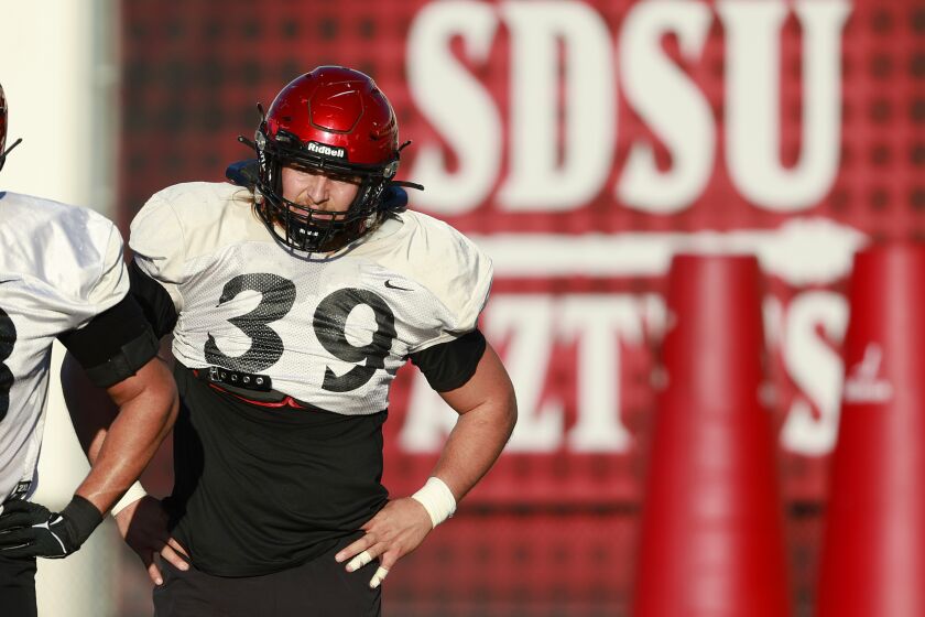San Diego CA - February 20: San Diego State defensive lineman Garret Fountain (39) during practice on Monday, February 20, 2023 in San Diego, CA. (K.C. Alfred / The San Diego Union-Tribune)