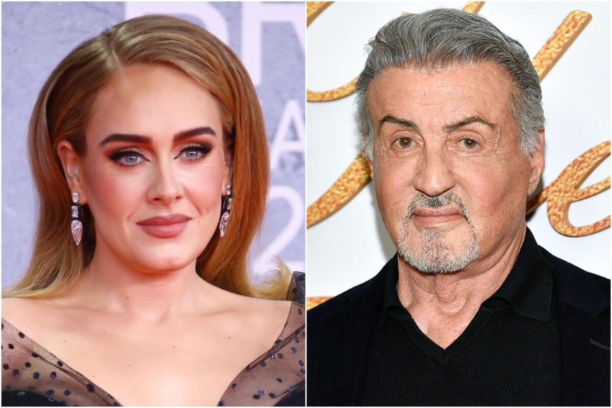 A split image of Adele posing in dangly earrings, left, and Sylvester Stallone posing in a black shirt.