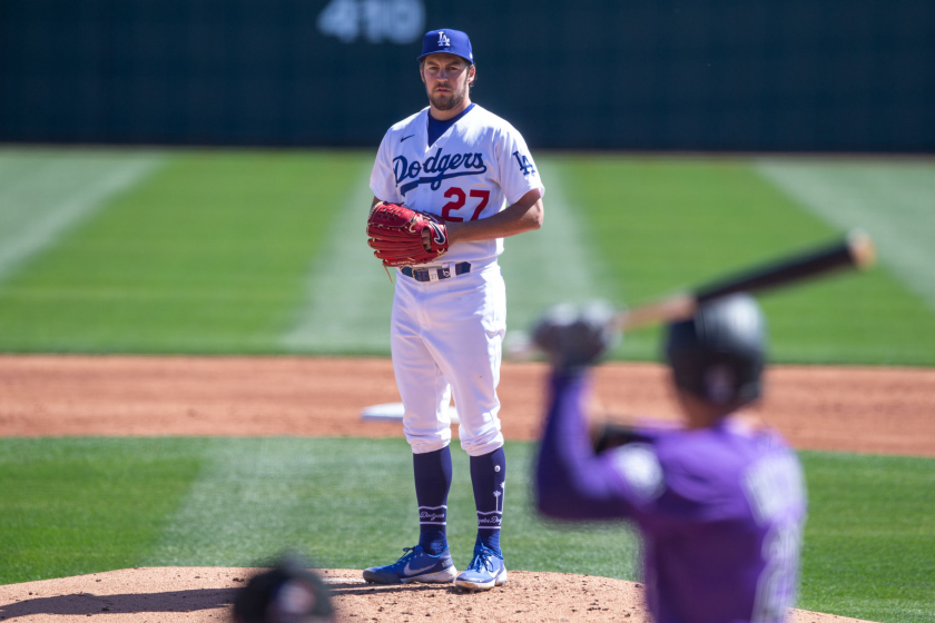 GLENDALE, AZ - MARCH 01: Trevor Bauer #27 of the Los Angeles Dodgers pitches during a spring training game.