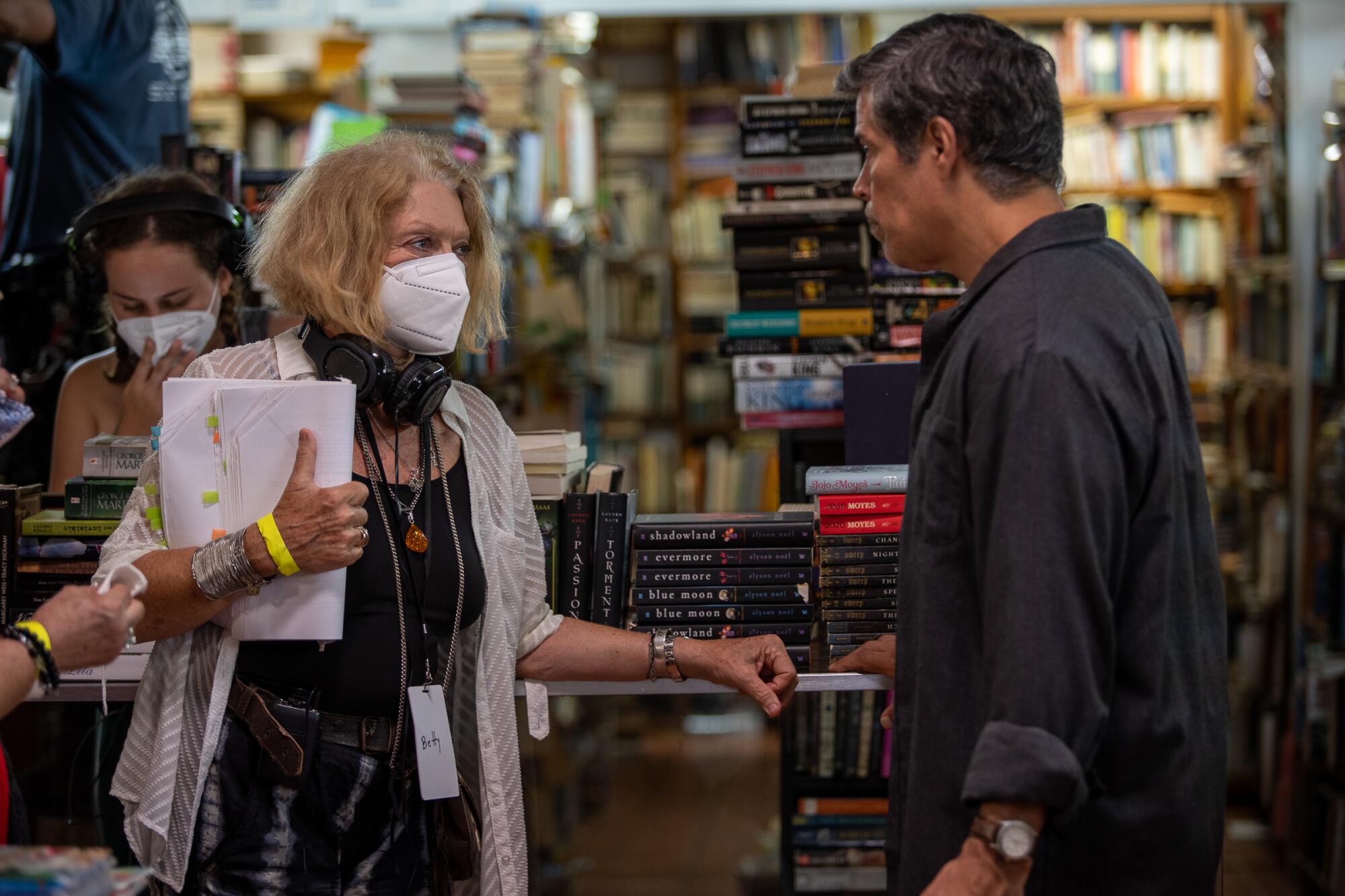 Filmmaker Betty Kaplan directs actor Esai Morales on the set of "Simone."