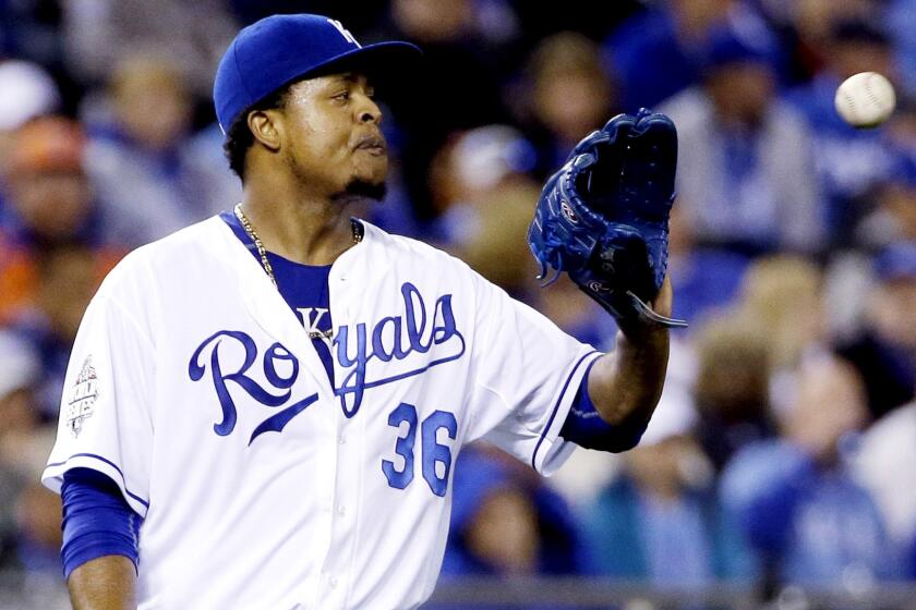 Royals starter Edinson Volquez went six innings in Game 1 of the World Series, giving up six hits and three runs.