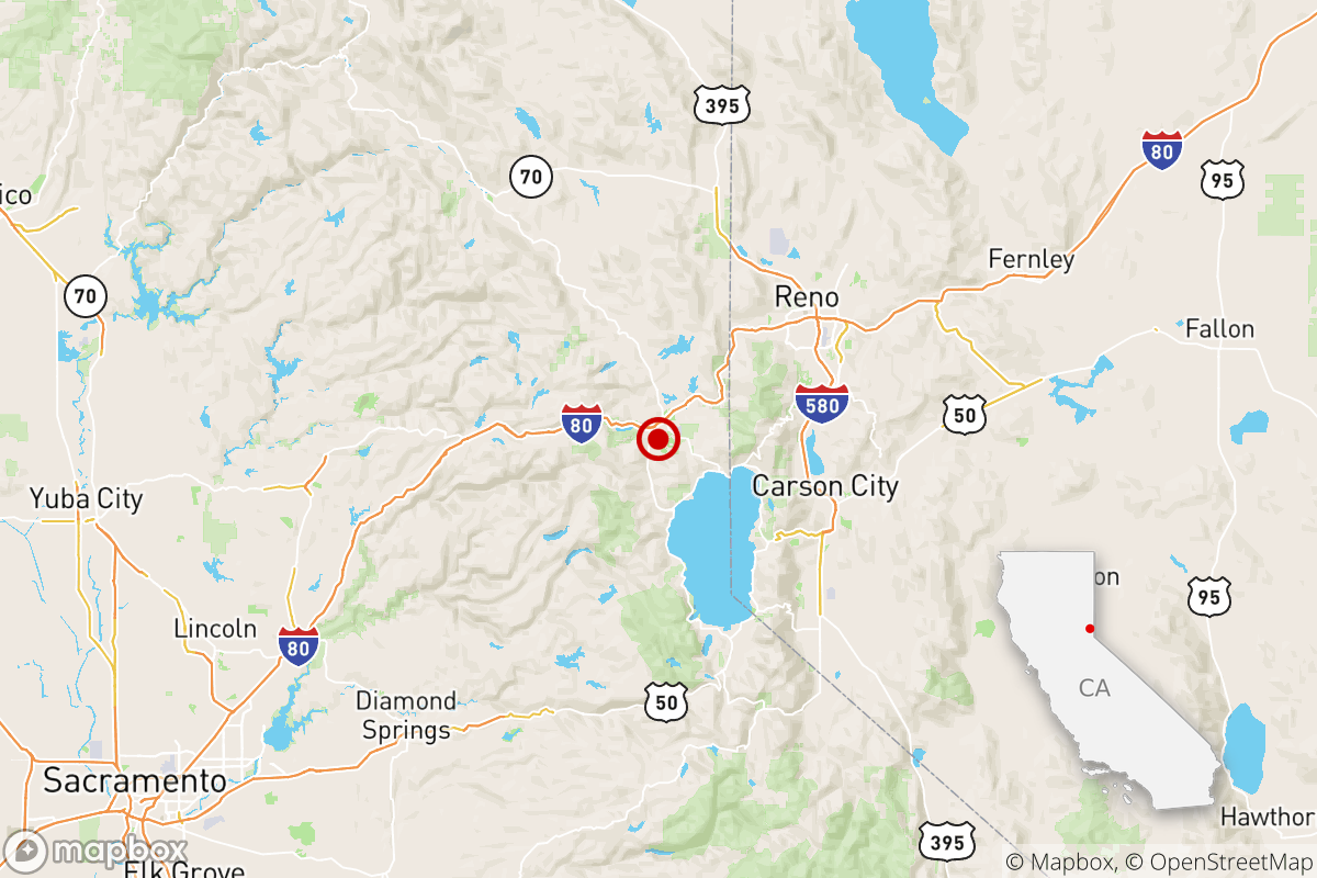 A map of a California-Nevada area showing Sacramento and Carson City.