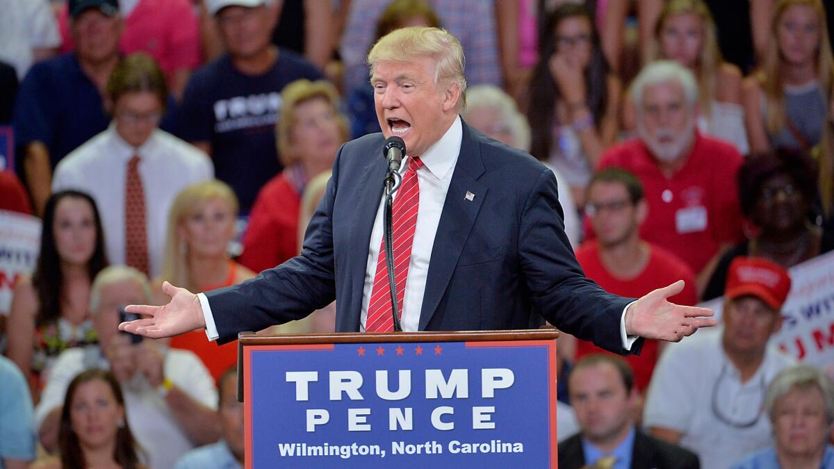 Republican presidential candidate Donald Trump holds a rally in Wilmington, N.C.