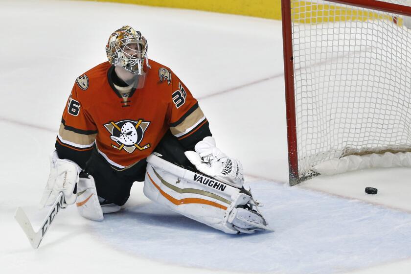 Ducks goalie John Gibson reacts after giving up the game-winning goal by Washington Capitals forward Nicklas Backstrom during a shootout at Honda Center on March 7.